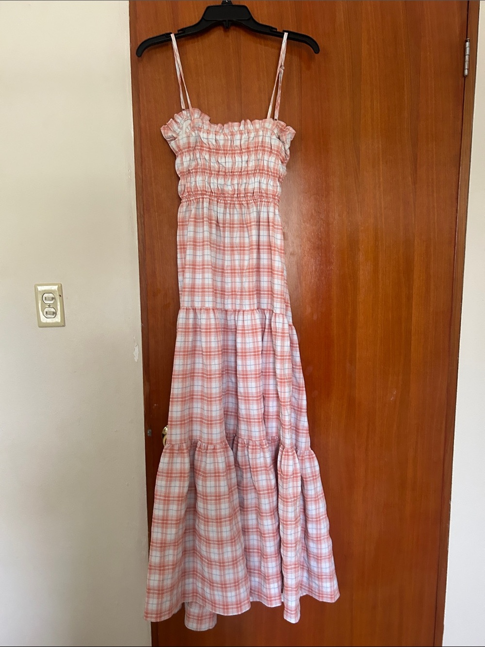 Women Pink Plaid Tiered Maxi Dress